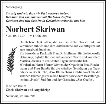 Traueranzeige von Norbert Skriwan  von Magdeburger Volksstimme