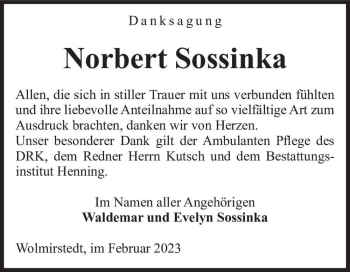 Traueranzeige von Norbert Sossinka  von Magdeburger Volksstimme