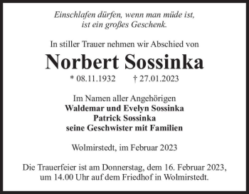 Traueranzeige von Norbert Sossinka  von Magdeburger Volksstimme