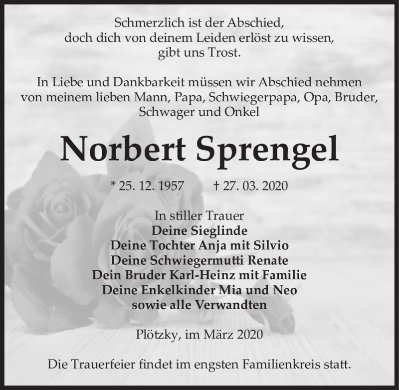  Traueranzeige für Norbert Sprengel  vom 04.04.2020 aus Magdeburger Volksstimme