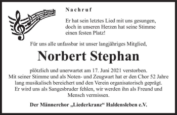 Traueranzeige von Norbert Stephan  von Magdeburger Volksstimme