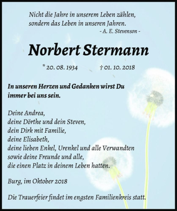 Traueranzeige von Norbert Stermann  von Magdeburger Volksstimme