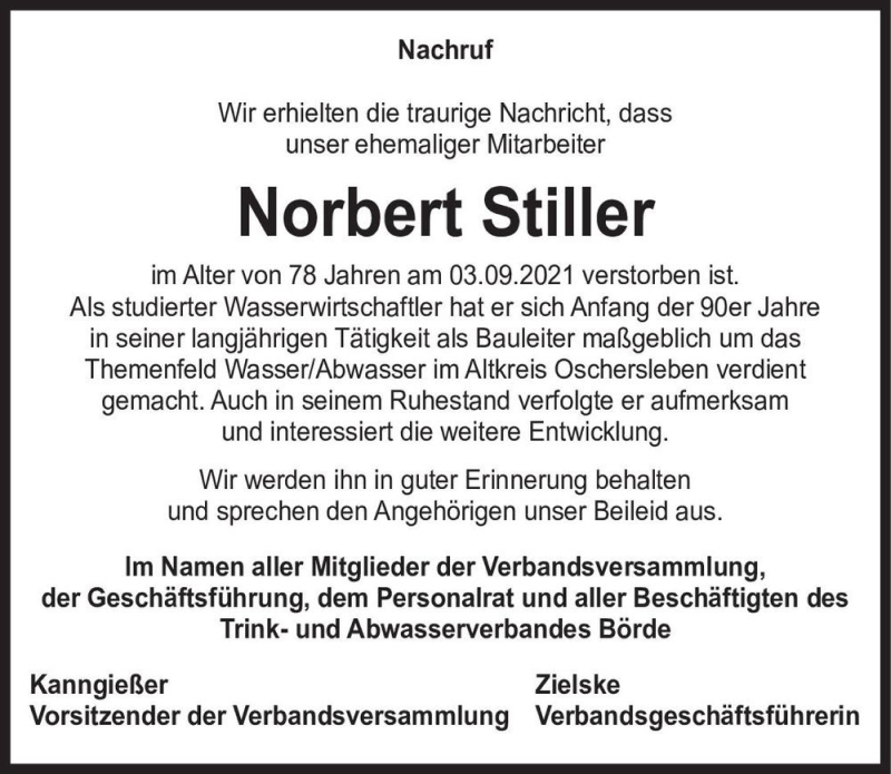  Traueranzeige für Norbert Stiller  vom 11.09.2021 aus Magdeburger Volksstimme