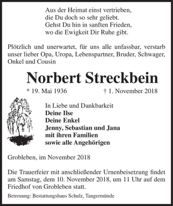 Traueranzeige von Norbert Streckbein  von Magdeburger Volksstimme