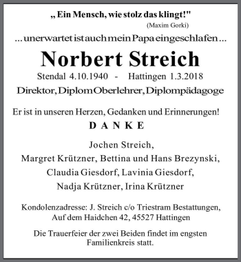 Traueranzeige von Norbert Streich  von Magdeburger Volksstimme