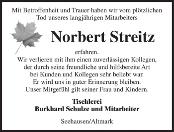 Traueranzeige von Norbert Streitz  von Magdeburger Volksstimme