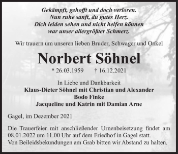 Traueranzeige von Norbert Söhnel  von Magdeburger Volksstimme