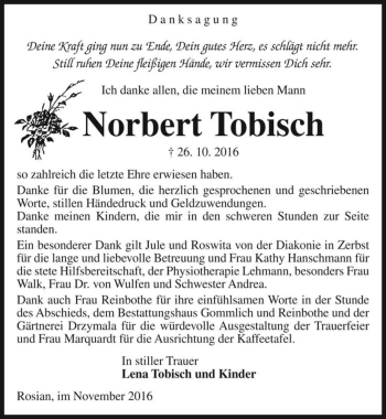 Traueranzeige von Norbert Tobisch  von Magdeburger Volksstimme