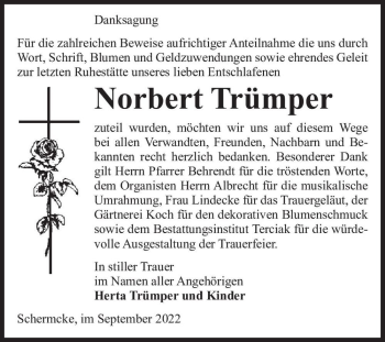 Traueranzeige von Norbert Trümper  von Magdeburger Volksstimme