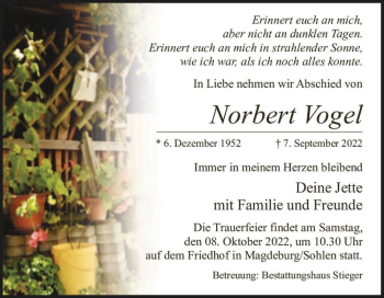 Traueranzeige von Norbert Vogel  von Magdeburger Volksstimme