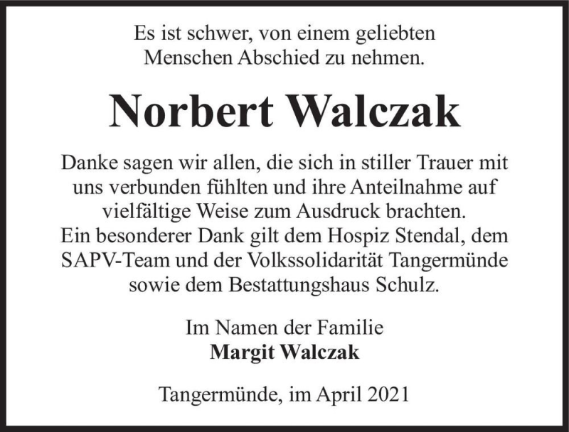  Traueranzeige für Norbert Walczak  vom 24.04.2021 aus Magdeburger Volksstimme