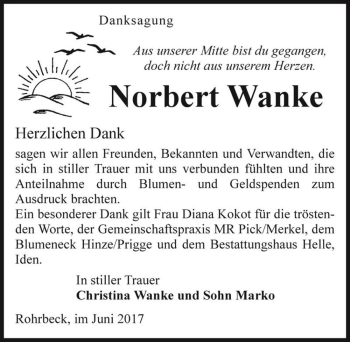 Traueranzeige von Norbert Wanke  von Magdeburger Volksstimme