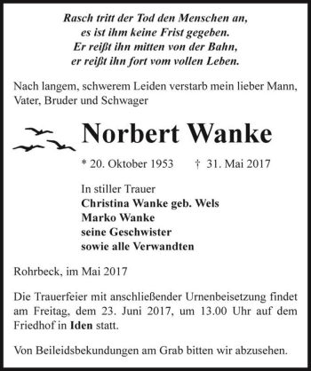 Traueranzeige von Norbert Wanke  von Magdeburger Volksstimme