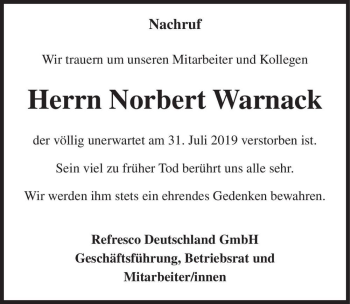 Traueranzeige von Norbert Warnack  von Magdeburger Volksstimme
