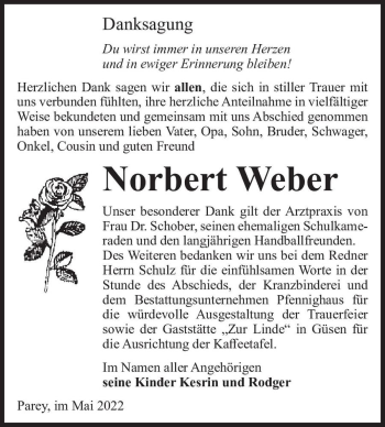 Traueranzeige von Norbert Weber  von Magdeburger Volksstimme