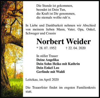 Traueranzeige von Norbert Weider  von Magdeburger Volksstimme