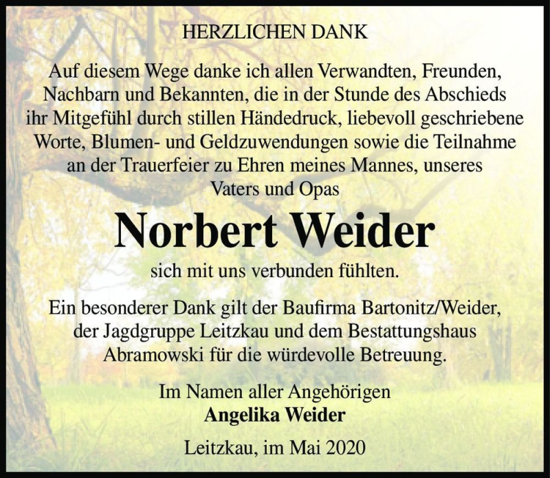  Traueranzeige für Norbert Weider  vom 23.05.2020 aus Magdeburger Volksstimme