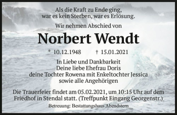Traueranzeige von Norbert Wendt  von Magdeburger Volksstimme
