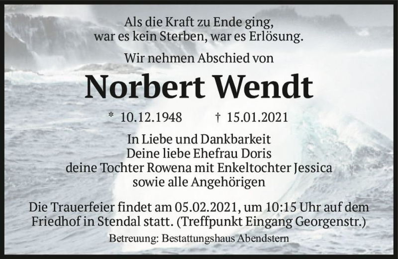  Traueranzeige für Norbert Wendt  vom 30.01.2021 aus Magdeburger Volksstimme