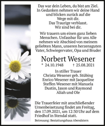 Traueranzeige von Norbert Wesener  von Magdeburger Volksstimme