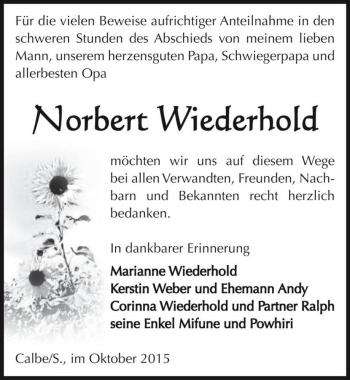 Traueranzeige von Norbert Wiederhold  von Magdeburger Volksstimme