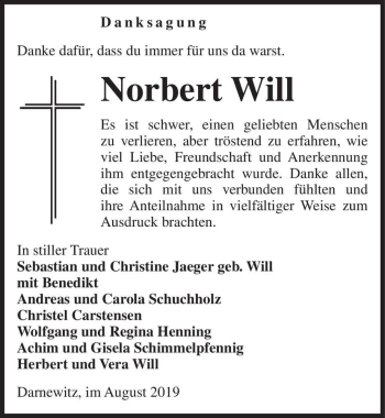 Traueranzeige von Norbert Will  von Magdeburger Volksstimme