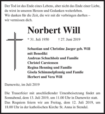 Traueranzeige von Norbert Will  von Magdeburger Volksstimme