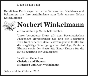Traueranzeige von Norbert Winkelmann  von Magdeburger Volksstimme
