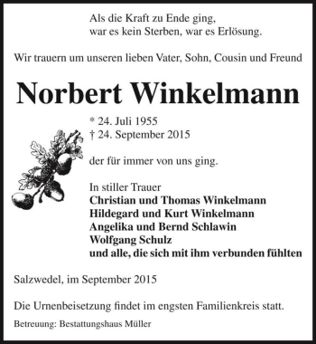 Traueranzeige von Norbert Winkelmann  von Magdeburger Volksstimme