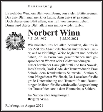 Traueranzeige von Norbert Winn  von Magdeburger Volksstimme