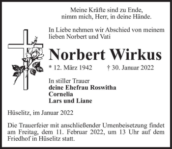 Traueranzeige von Norbert Wirkus  von Magdeburger Volksstimme