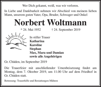 Traueranzeige von Norbert Woltmann  von Magdeburger Volksstimme