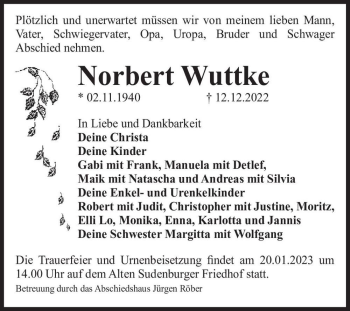 Traueranzeige von Norbert Wuttke  von Magdeburger Volksstimme