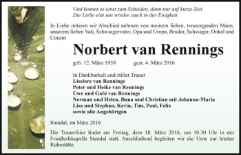 Traueranzeige von Norbert van Rennings  von Magdeburger Volksstimme