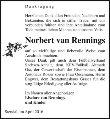 Traueranzeige von Norbert van Rennings  von Magdeburger Volksstimme