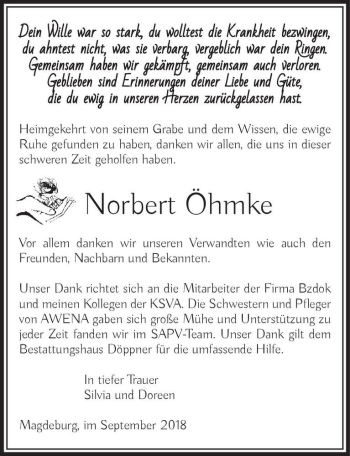 Traueranzeige von Norbert Öhmke  von Magdeburger Volksstimme