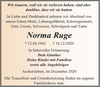 Traueranzeige von Norma Ruge  von Magdeburger Volksstimme