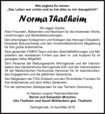 Traueranzeige von Norma Thalheim  von Magdeburger Volksstimme
