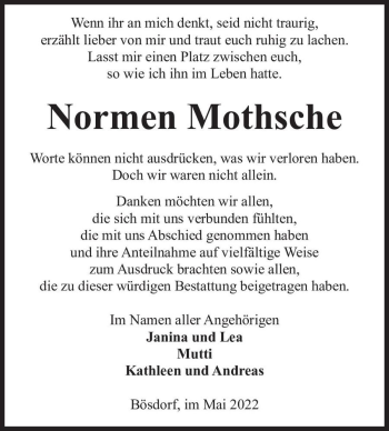 Traueranzeige von Normen Mothsche  von Magdeburger Volksstimme