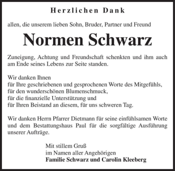 Traueranzeige von Normen Schwarz  von Magdeburger Volksstimme