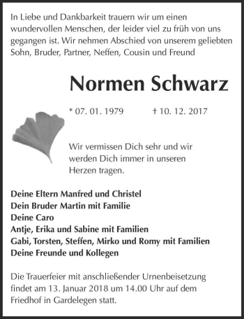 Traueranzeige von Normen Schwarz  von Magdeburger Volksstimme
