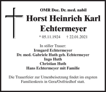 Traueranzeige von OMR Doz. Dr. med. nabil Horst Heinrich Karl Echtermeyer  von Magdeburger Volksstimme