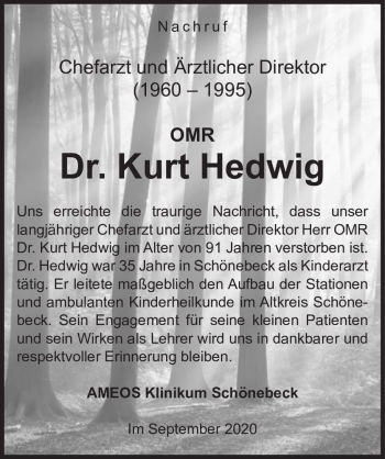 Traueranzeige von OMR Dr. Kurt Hedwig  von Magdeburger Volksstimme
