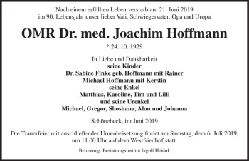 Traueranzeige von OMR Dr. med. Joachim Hoffmann  von Magdeburger Volksstimme