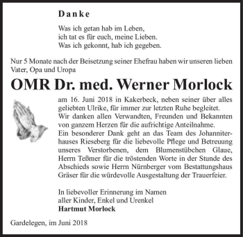 Traueranzeige von OMR Dr. med. Werner Morlock  von Magdeburger Volksstimme