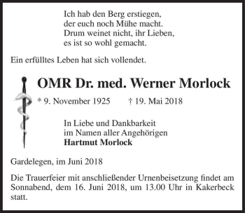 Traueranzeige von OMR Dr. med. Werner Morlock  von Magdeburger Volksstimme