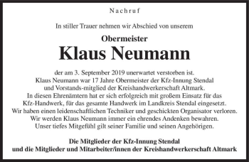 Traueranzeige von Obermeister Klaus Neumann  von Magdeburger Volksstimme