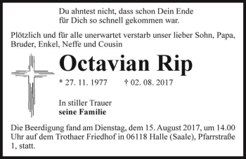 Traueranzeige von Octavian Rip  von Magdeburger Volksstimme