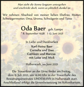 Traueranzeige von Oda Bear (geb. Lampe)  von Magdeburger Volksstimme
