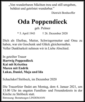 Traueranzeige von Oda Poppendieck (geb. Pulmer)  von Magdeburger Volksstimme